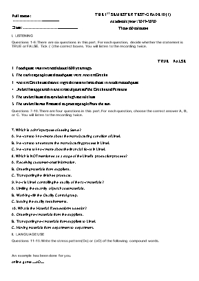 Đề kiểm tra học kì I môn Tiếng Anh Lớp 10 - Năm học 2019-2020 (Có đáp án)